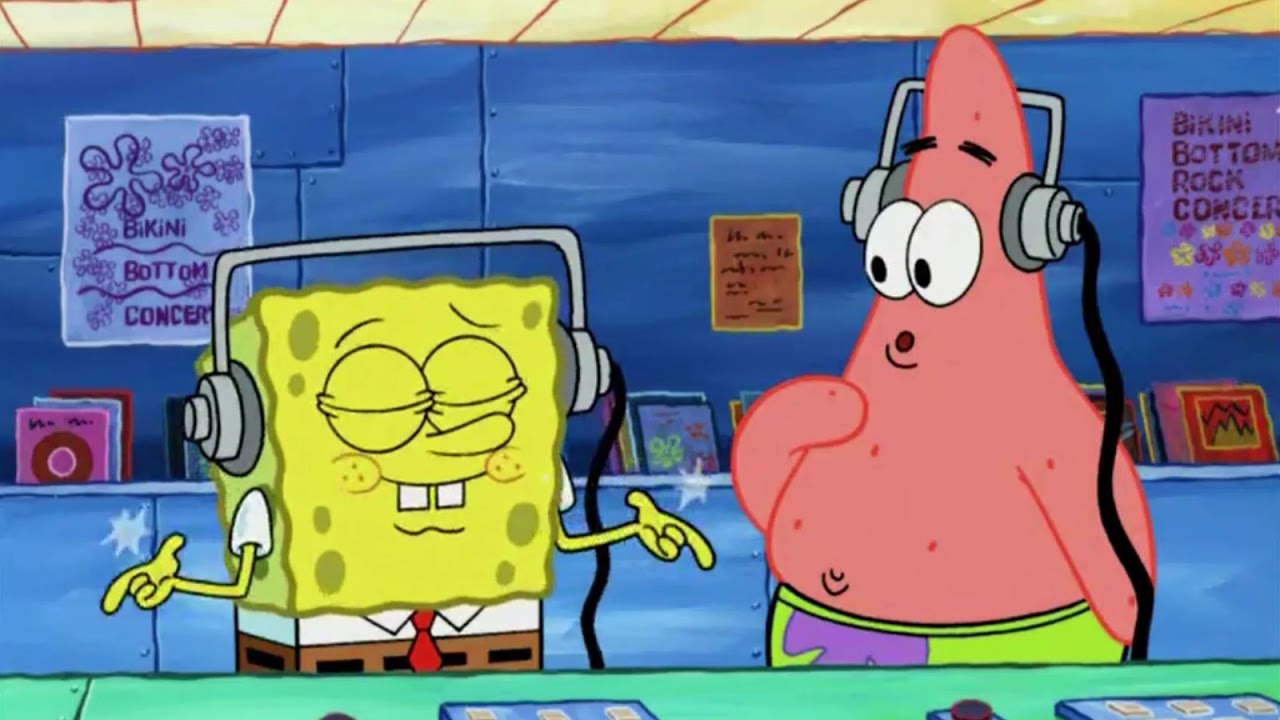 Spongebob and Patrick from TV Show listening to music on headphones